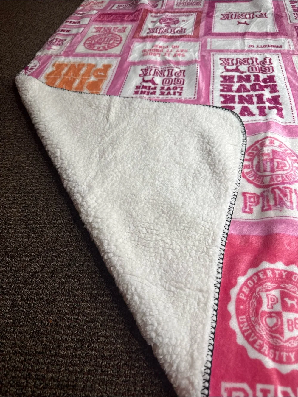 PINK Victoria's Secret Patchwork Logo Plush Throw Blanket in Pink & Orange